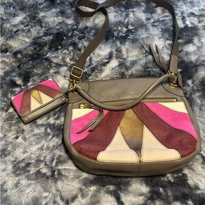 Fossil Leather Crossbody Bag with matchingwallet with Pink and Burgundy Accent